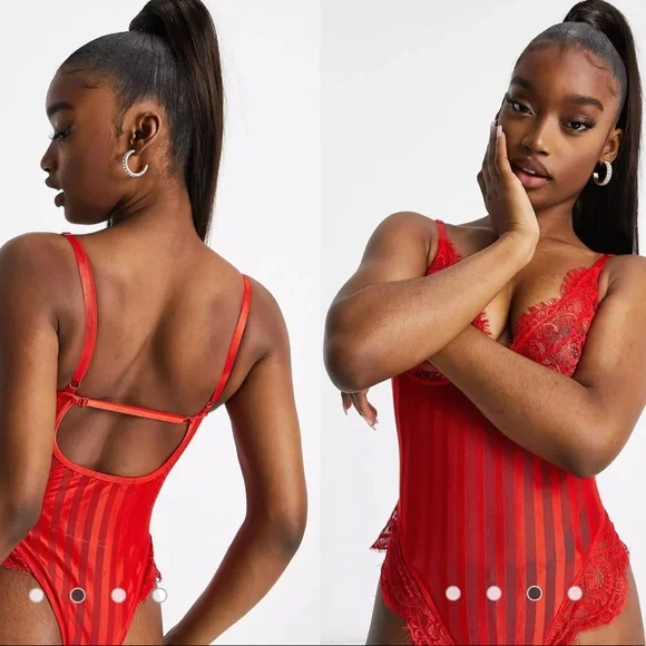 Red V neck Lace Sexy Bodysuit - Picture 9 of 14